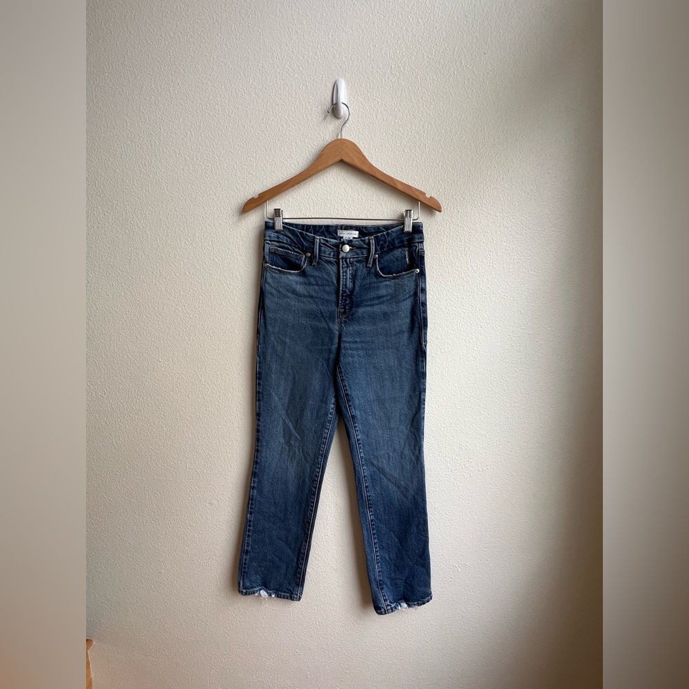 Women's Good American Blue Denim Jeans, medium wash, straight leg, size 2/26